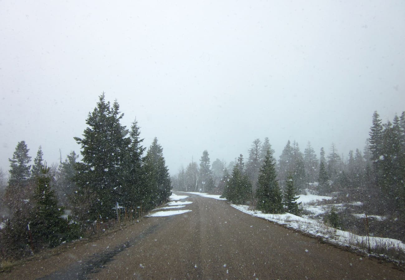 Paved two-lane Kolob Terrace Road winding through red sandstone hills into high country Zion