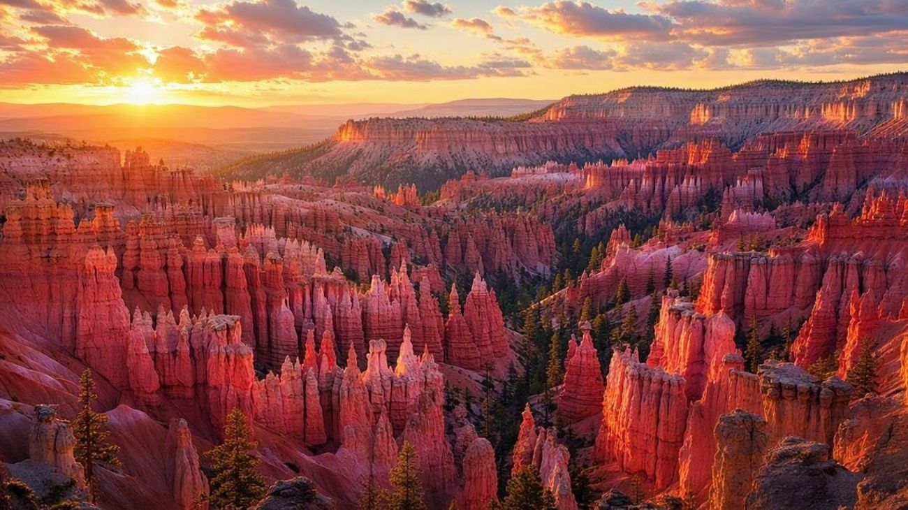 Bryce Canyon amphitheater with glowing crimson and pink limestone hoodoos at golden sunrise