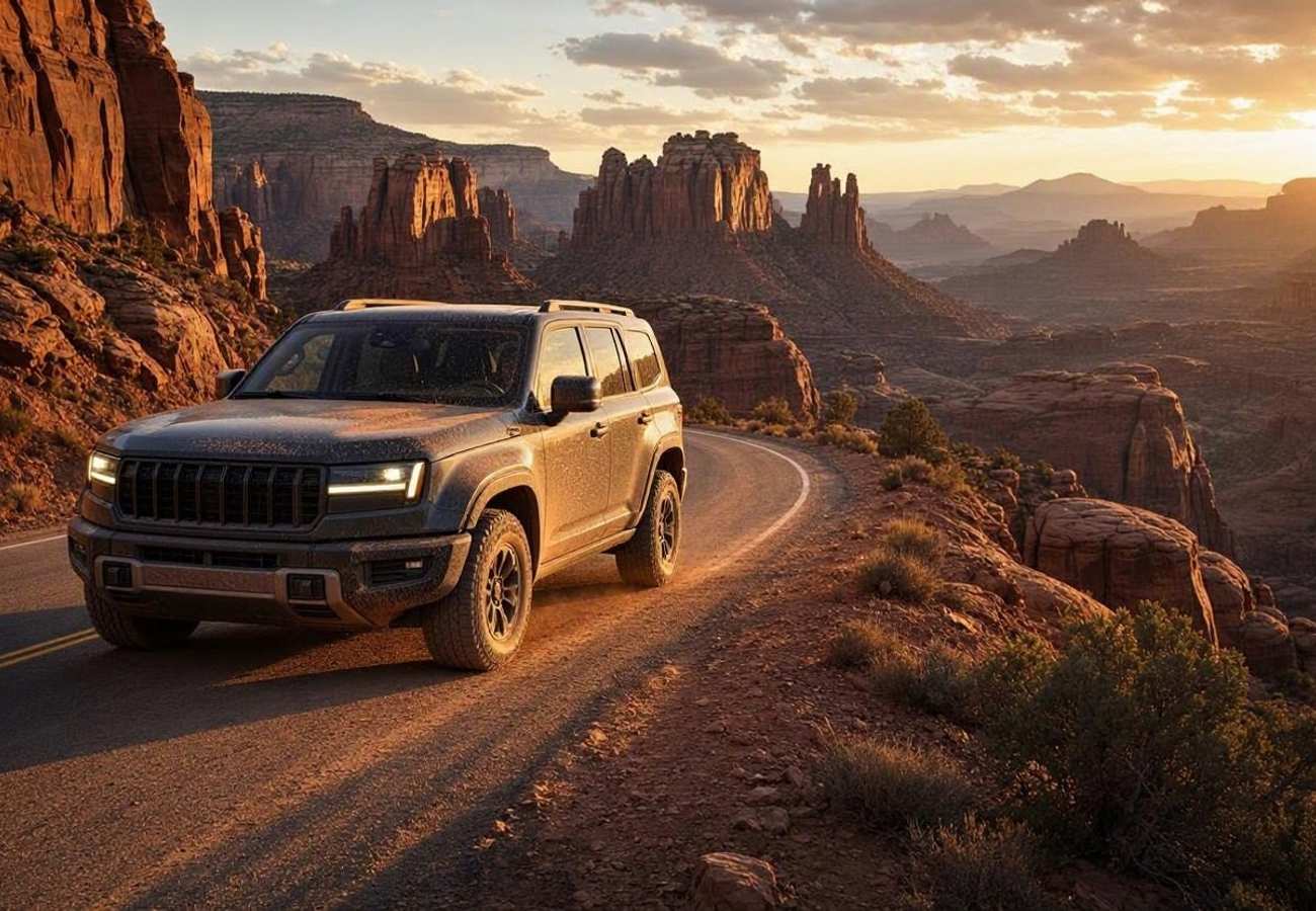 A scenic highway winding through towering red sandstone formations and slickrock canyons in southern Utah