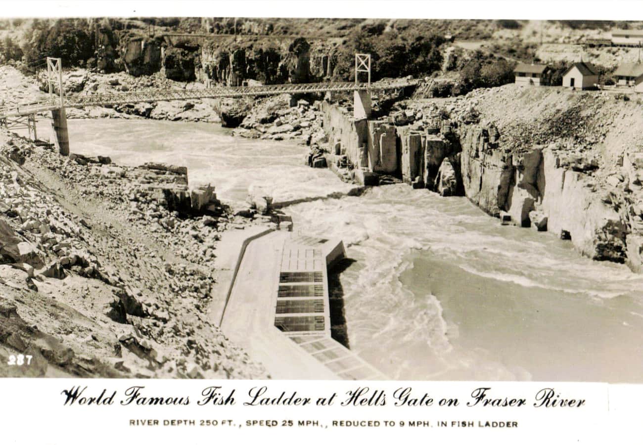 The roaring narrows of Fraser Canyon at Hell's Gate where millions of gallons of churning river water rush through sheer granite walls