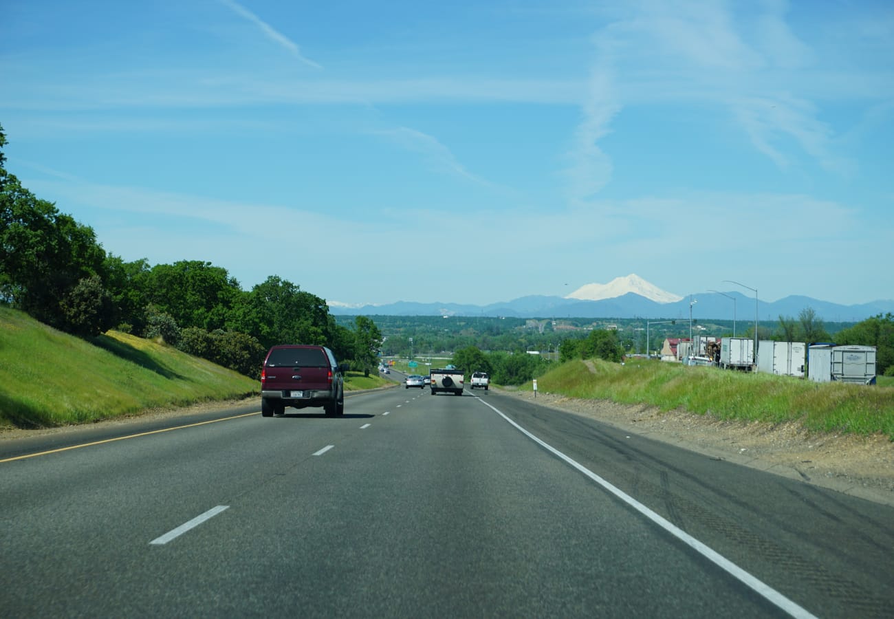 Panoramic view of snow-capped Mount Shasta visible from Interstate 5 in Northern California