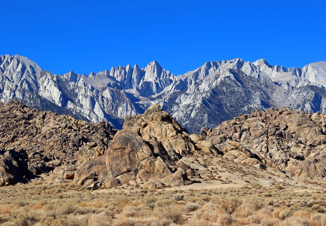 US Route 395 framed by the Alabama Hills and Mount Whitney in the Eastern Sierra