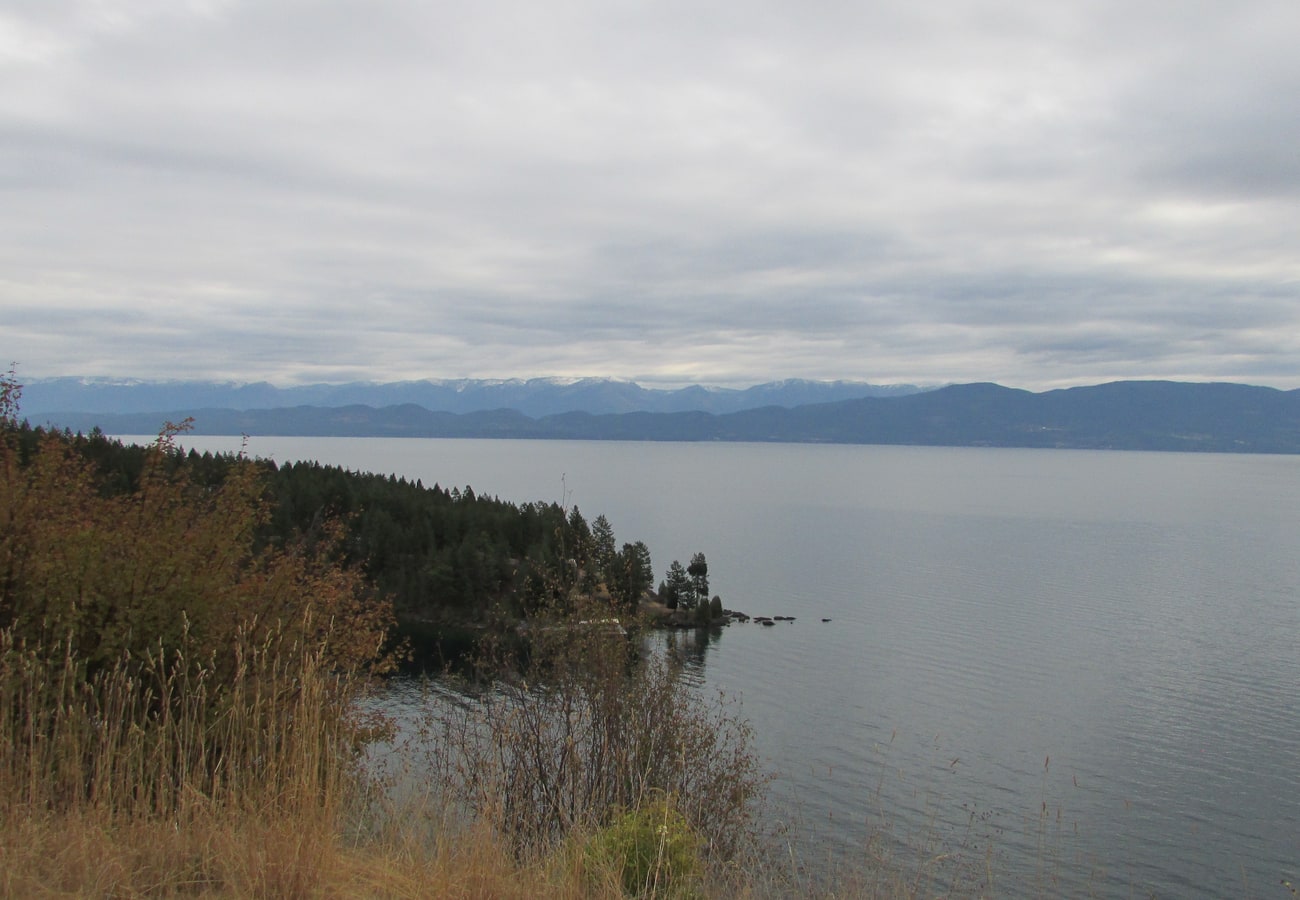 Scenic view of Flathead Lake backed by the Mission Mountains in Montana