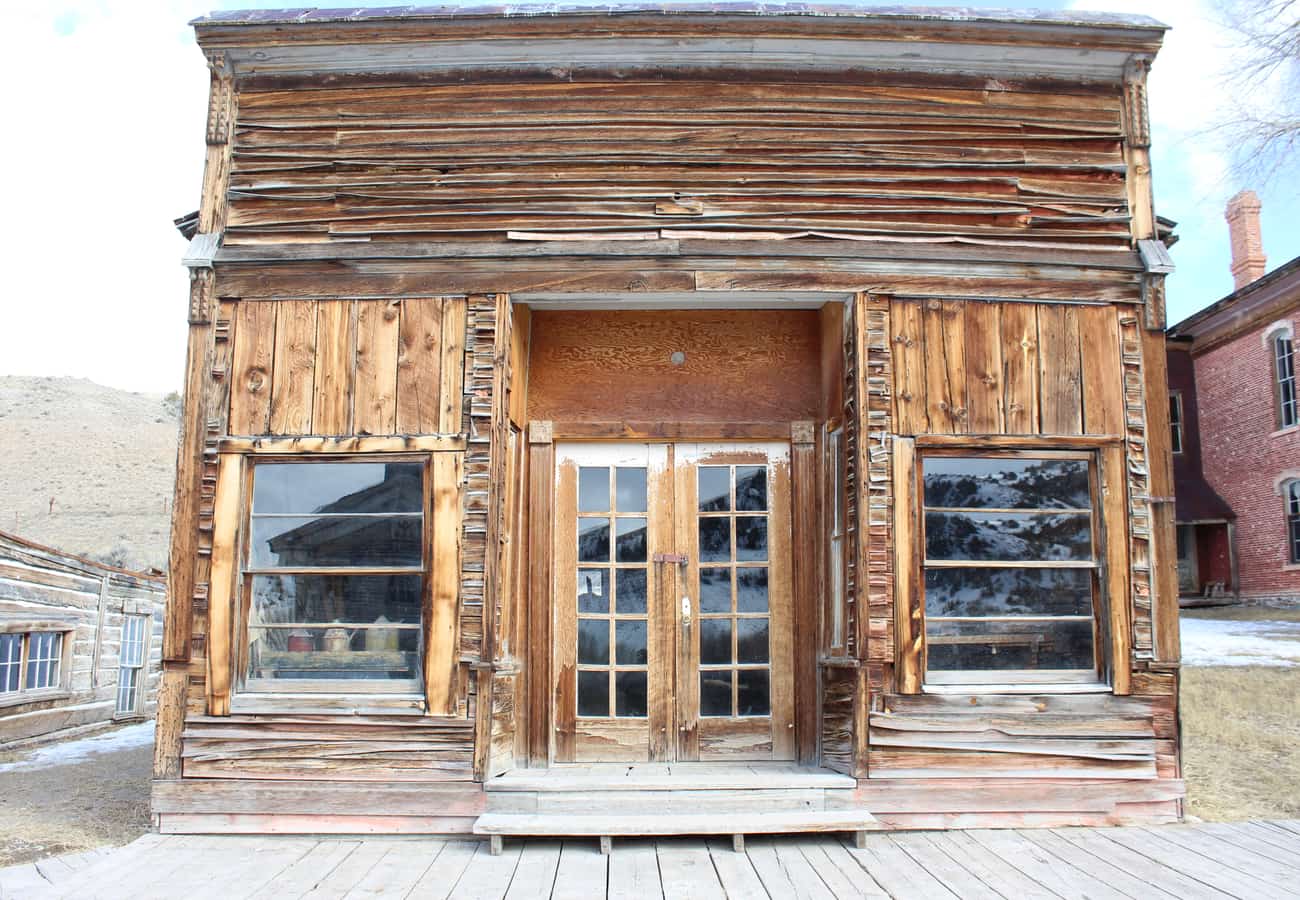 Historic 19th-century preserved wooden buildings at Bannack State Park in Montana