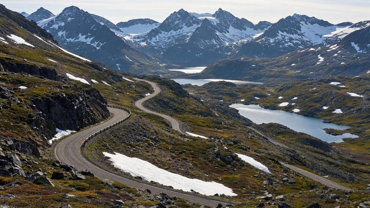 Beartooth Highway alpine pass at 10,900 feet with snow-capped mountain peaks and winding mountain road