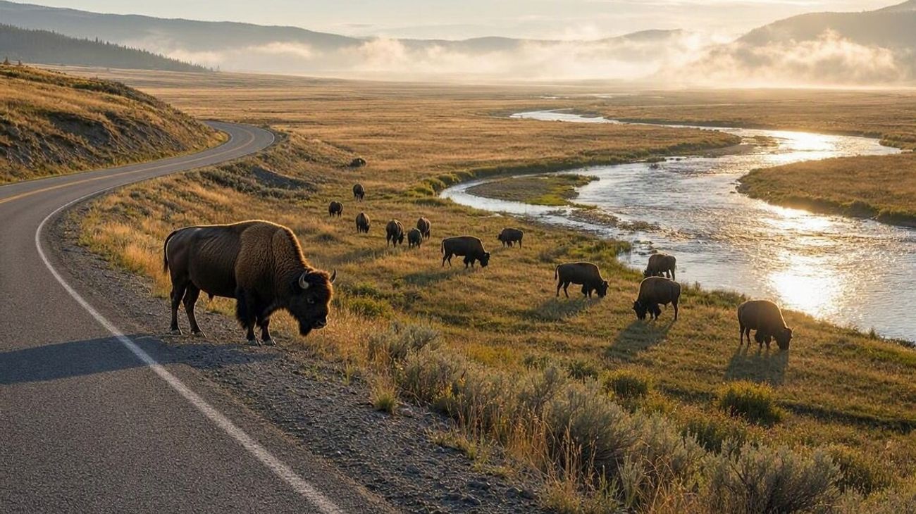 Yellowstone National Park Lamar Valley with wild bison herd grazing near mountain stream