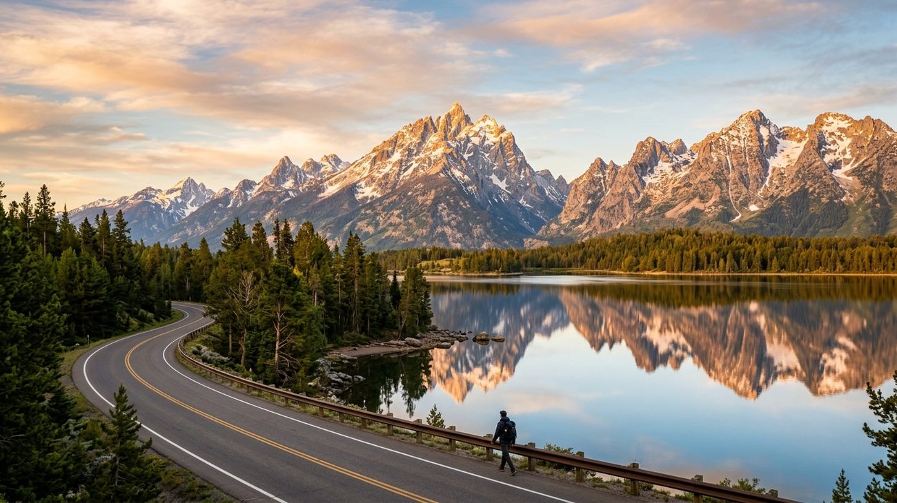 A winding mountain highway through the Northern Rockies with snow-capped peaks and pristine alpine lakes