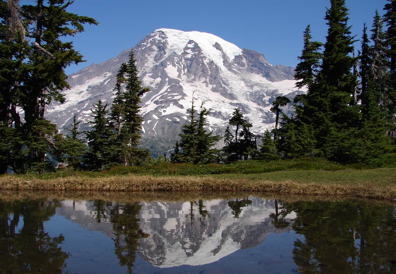 Reflection Lake mirroring the snowcapped peak of Mount Rainier