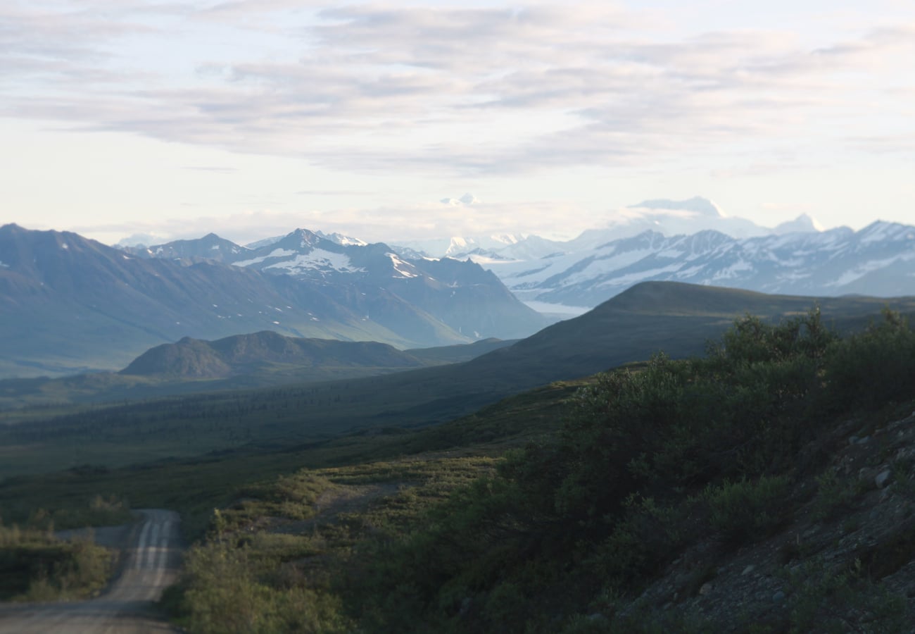 Denali Highway stretching toward Mount Hayes and the Alaska Range
