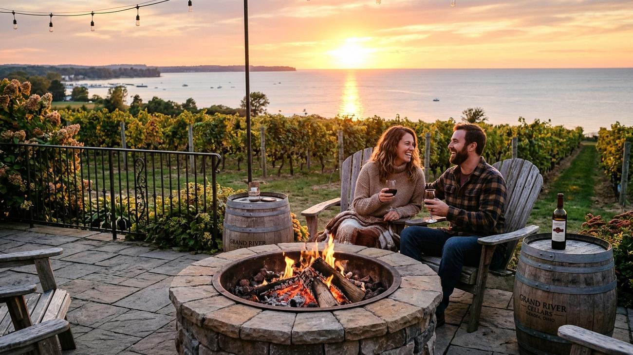 Couple enjoying local wine by a rustic stone fire pit on a vineyard terrace in Grand River Valley overlooking Lake Erie at sunset