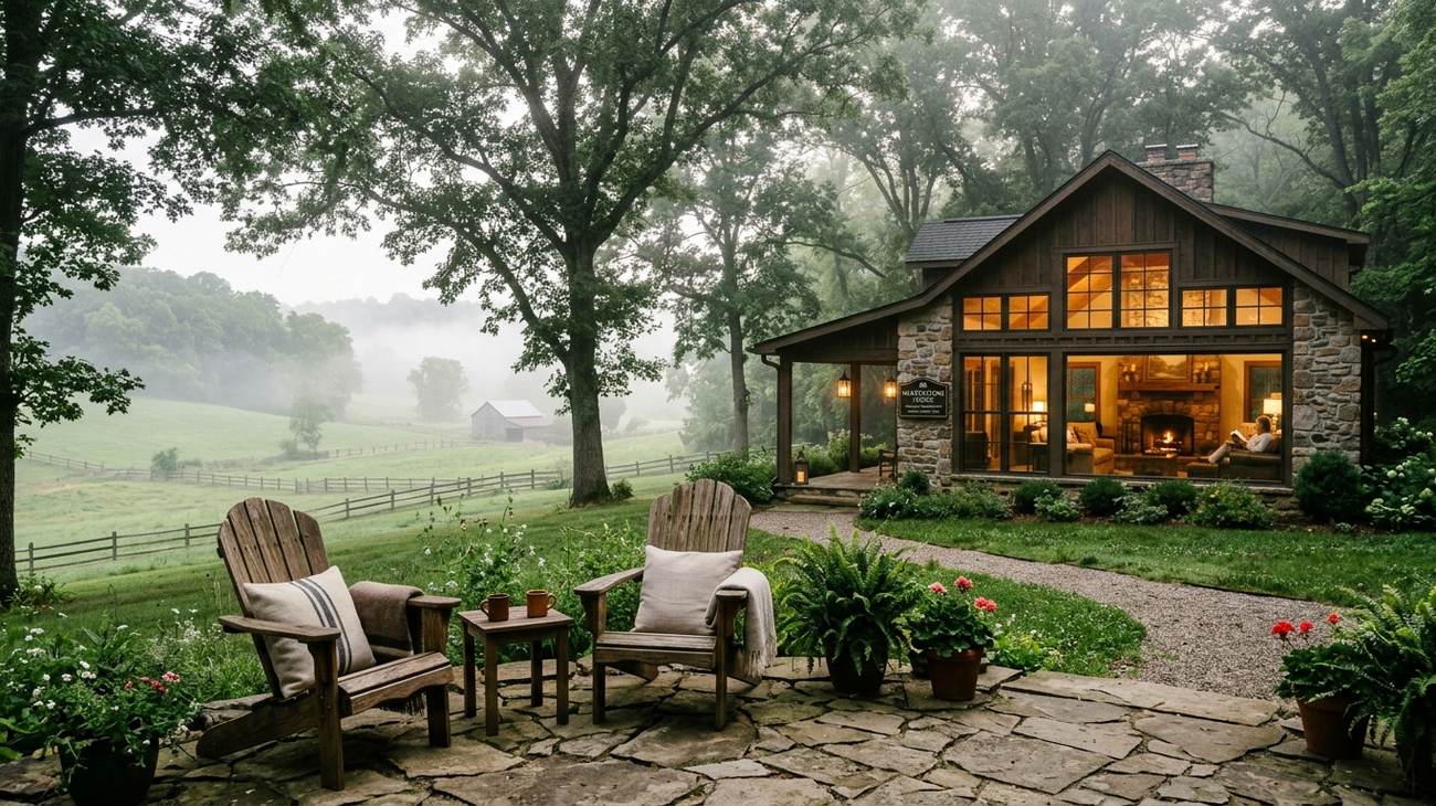 A boutique stone and timber inn nestled in the rolling green meadows of Ohio Amish country in Holmes County on a misty morning