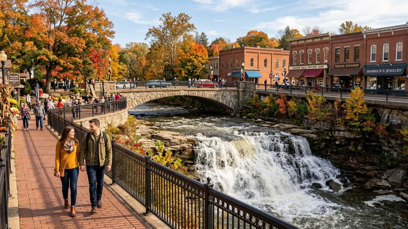 Chagrin Falls Ohio town square with a natural cascading river waterfall rushing beneath a historic stone arch bridge in autumn