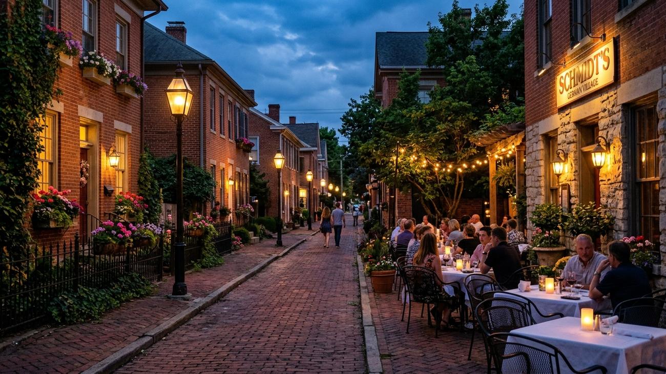 Historic German Village in Columbus Ohio at twilight with narrow red-brick streets, glowing antique gas lanterns, and outdoor bistro dining