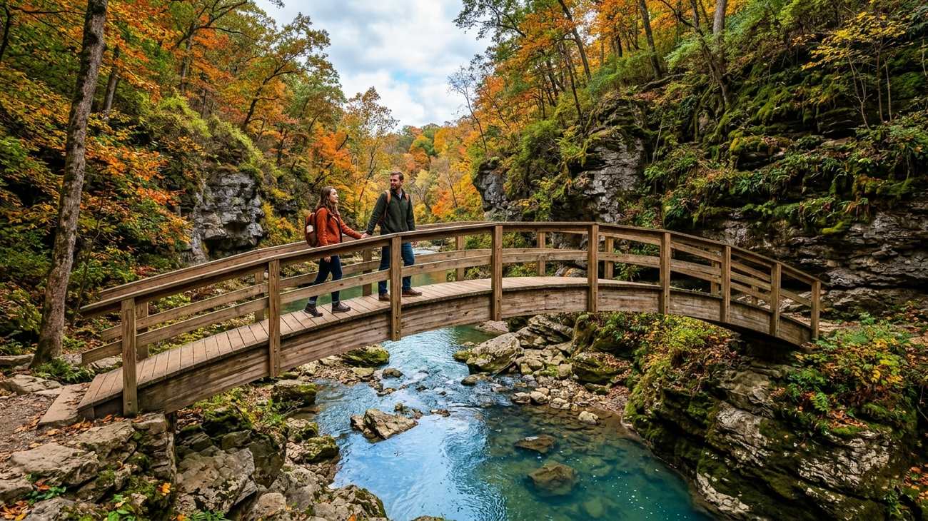 A scenic wooden footbridge arching over a tranquil river canyon at Clifton Gorge Nature Preserve near Yellow Springs Ohio with vibrant fall foliage