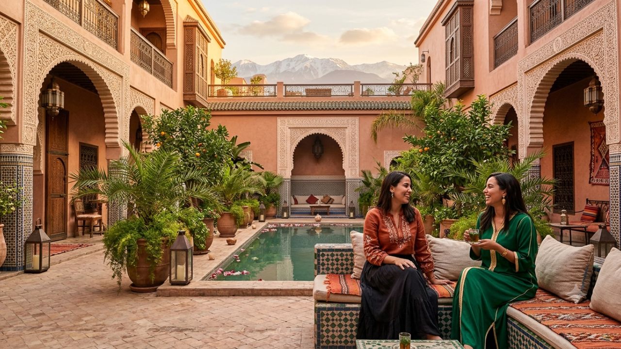 Luxury desert camp in Morocco and scenic African wildlife reserve under open sky