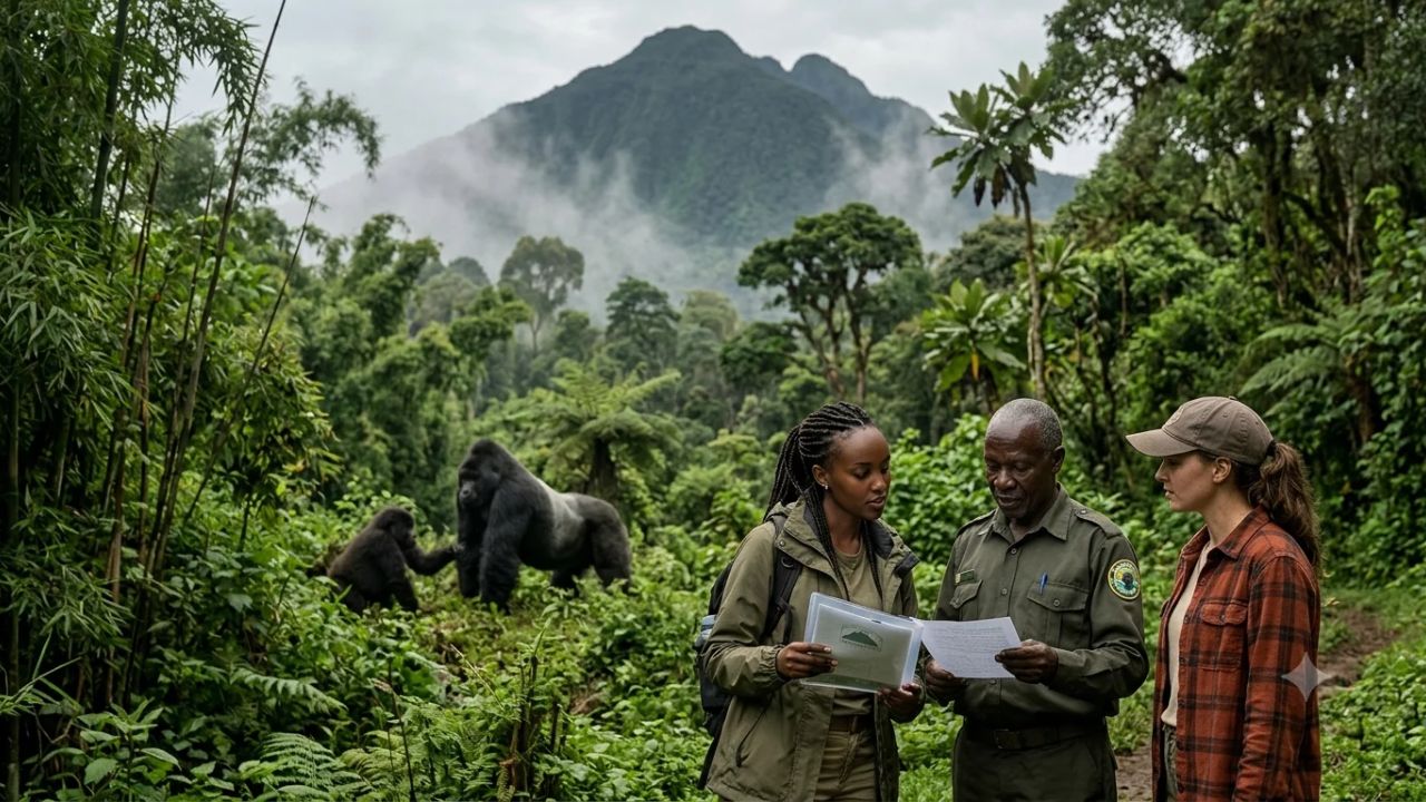 Mountain gorilla in the lush forested mountains of the Albertine Rift in East Africa