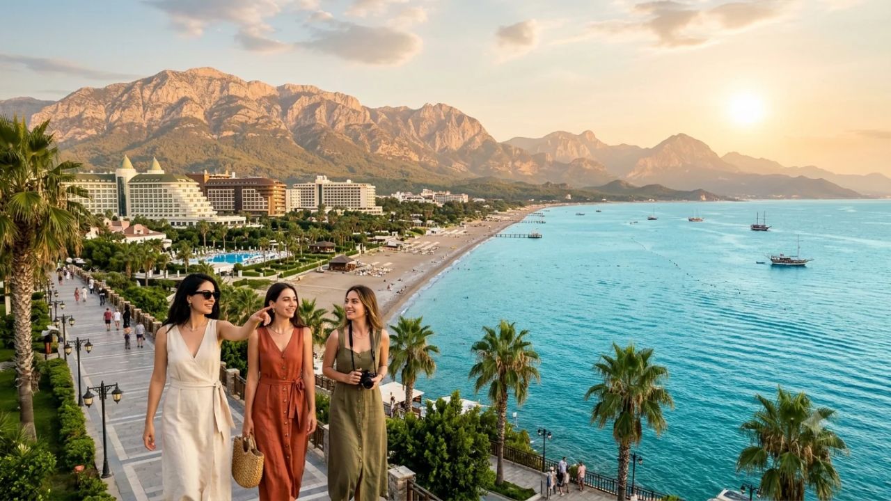 Scenic view of Antalya's ancient Roman harbor in Kaleiçi with traditional yachts docked on calm turquoise waters framed by dramatic Taurus mountain peaks