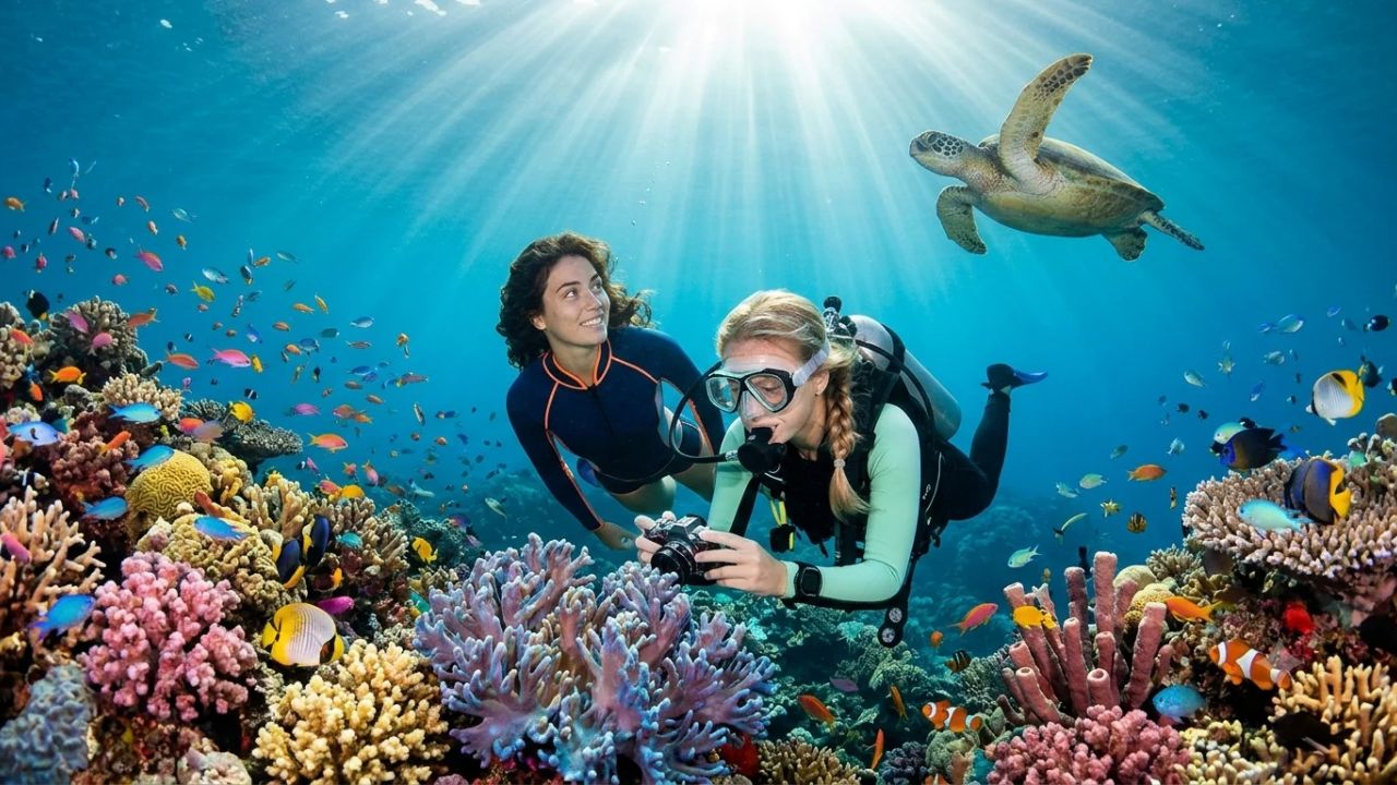 Scuba divers exploring a vibrant tropical coral reef alongside a large manta ray gliding through clear turquoise waters in Asia