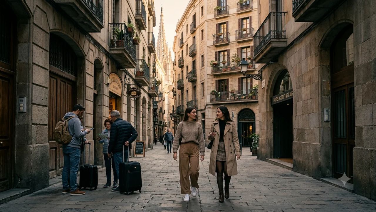 Panoramic view of Barcelona's historic Gothic Quarter and Eixample district under the Mediterranean sun in Spain