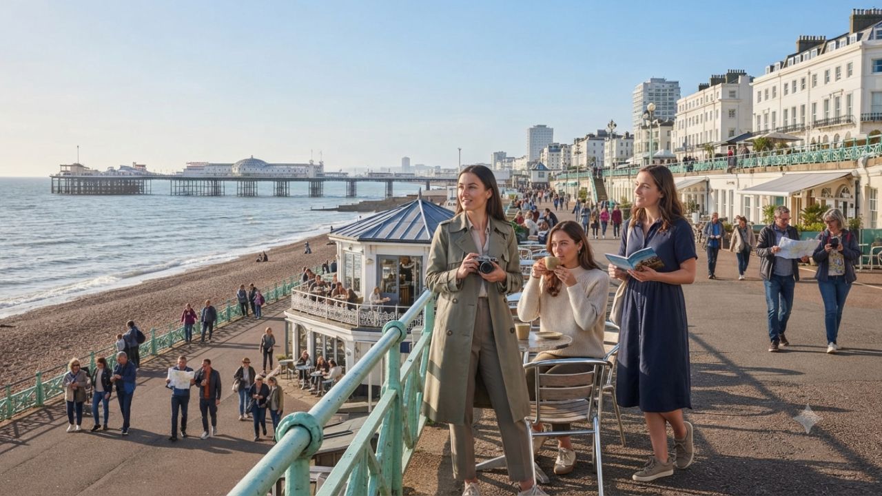 Scenic view of Brighton Palace Pier and Victorian promenade along the English Channel coastline