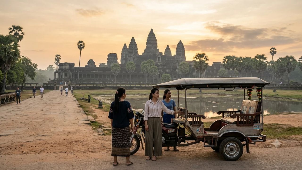 Sunset over the stone towers of Angkor Wat with empty reflection pools reflecting a sharp downturn in foreign tourist arrivals