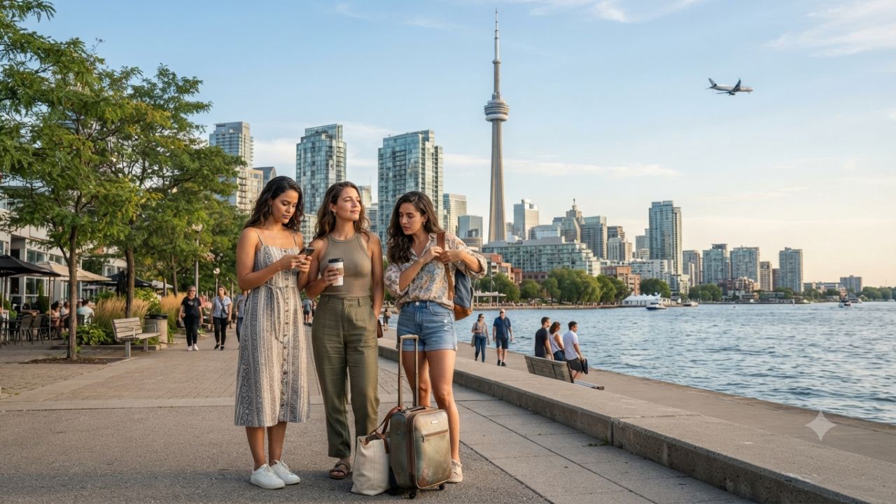 Canadian flag flying over Toronto skyline as Statistics Canada reports a 10% tourism decline from South American markets