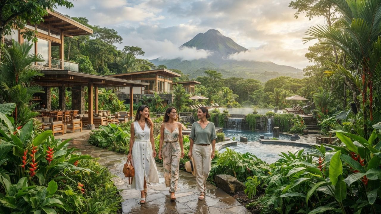 Scenic view of a luxury resort swimming pool surrounded by tropical rainforest in Costa Rica