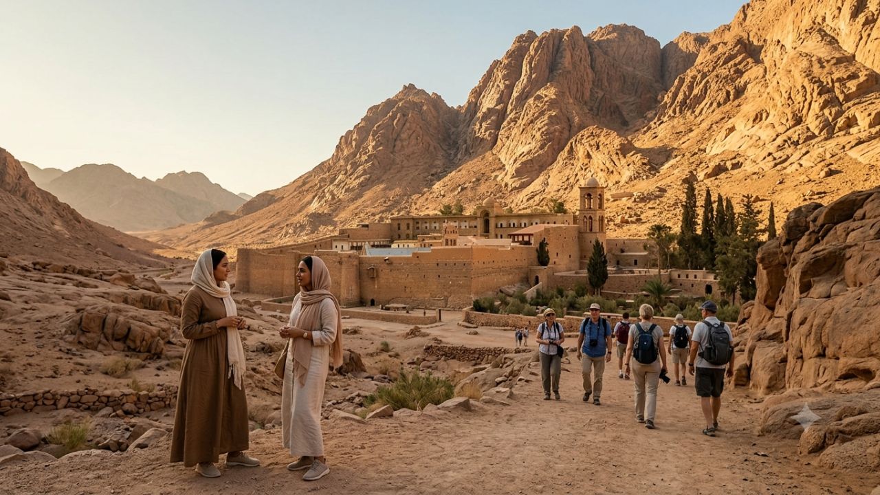 Saint Catherine Monastery and Mount Sinai landscape in South Sinai Egypt with tourists