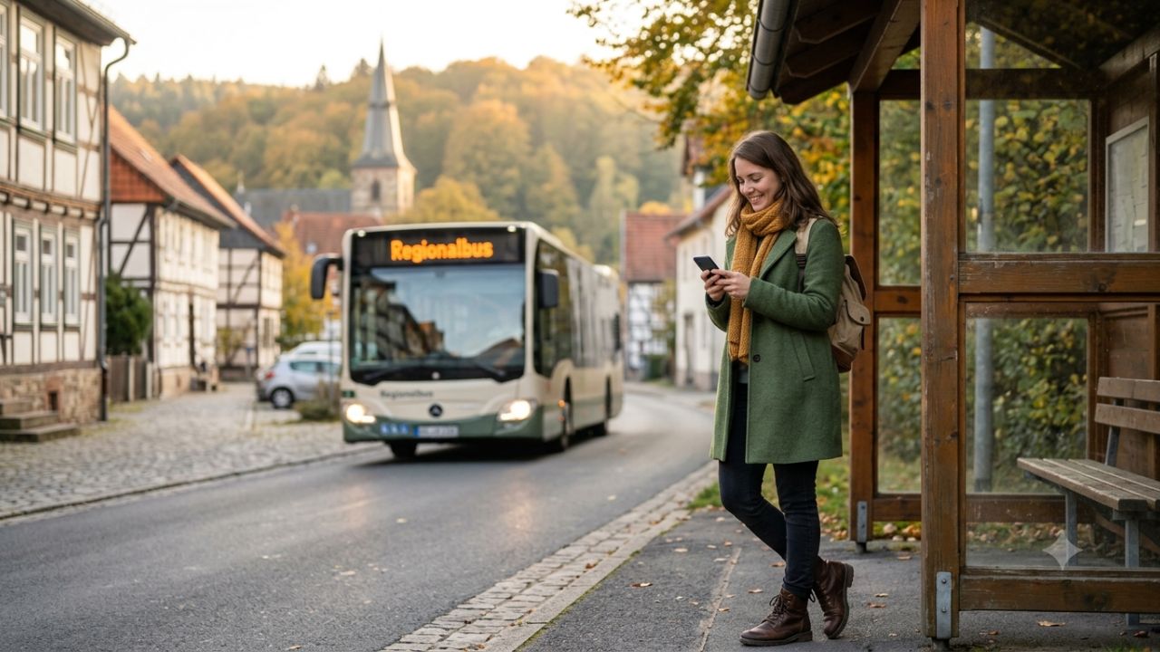 Scenic regional bus and train passing through lush green forests and historic towns in Thuringia Germany