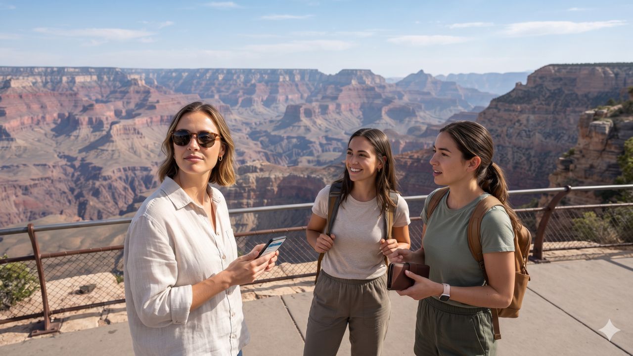 Panoramic view of Grand Canyon South Rim layered canyon walls under clear desert sky
