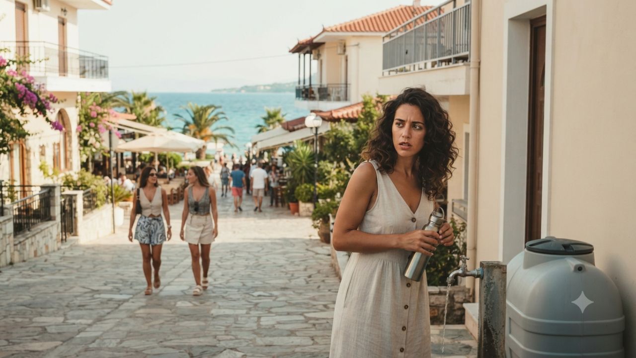 Hanioti coastal resort town landscape in Kassandra peninsula Halkidiki Greece