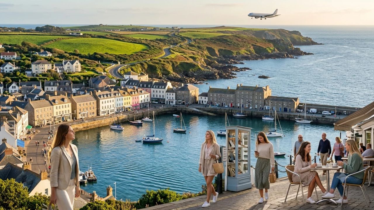 Scenic view of St Peter Port harbor in Guernsey with historic stone buildings, boats on blue water, and sunlit coastal hills