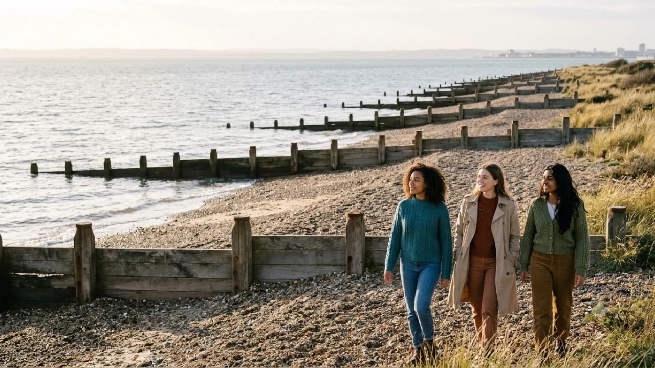 Scenic shingle beach with wooden sea groynes at South Hayling overlooking the open waters of the Solent toward the Isle of Wight