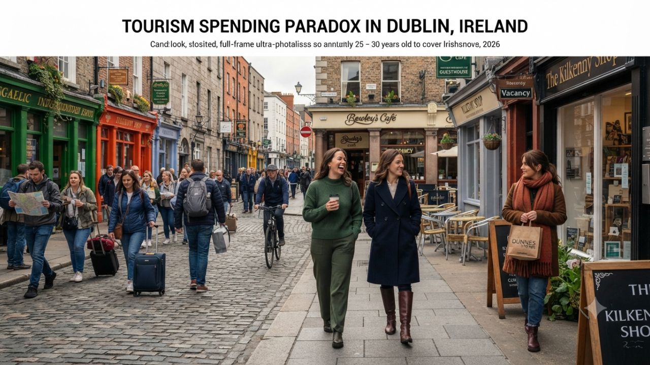 Street view of Dublin city center with tourists walking past historic buildings