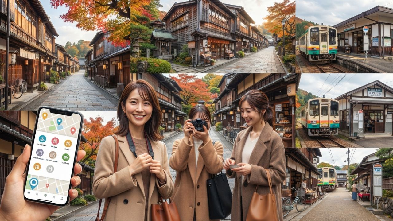 Scenic view of a traditional rural Japanese streetscape and hot spring mountain town in Japan