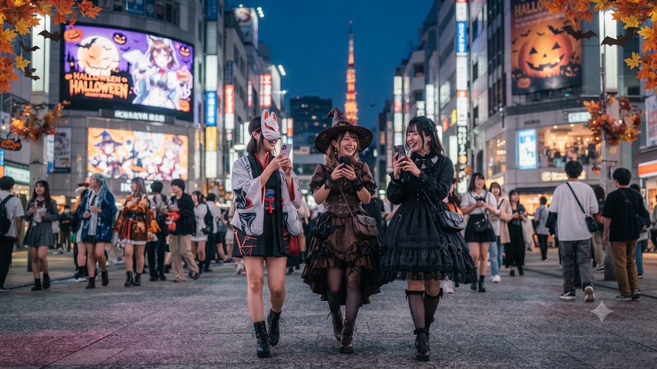 Illuminated Halloween after dark attractions and cosplay parade in Tokyo Japan