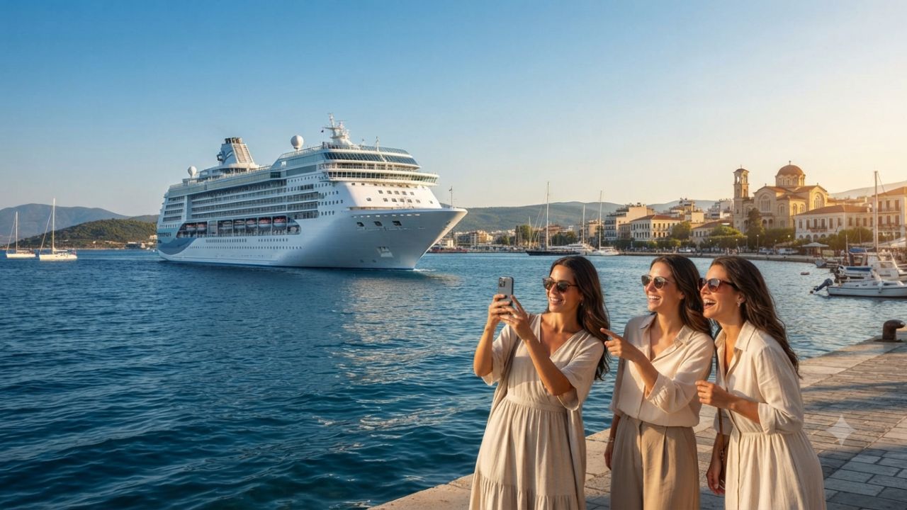 Marella cruise ship docked at a Greek port overlooking the Mediterranean sea