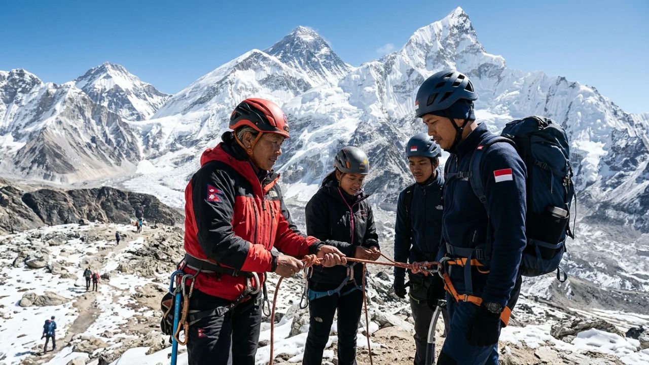 Mountaineers traversing high-altitude alpine terrain against the backdrop of snow-capped Himalayan peaks in Nepal