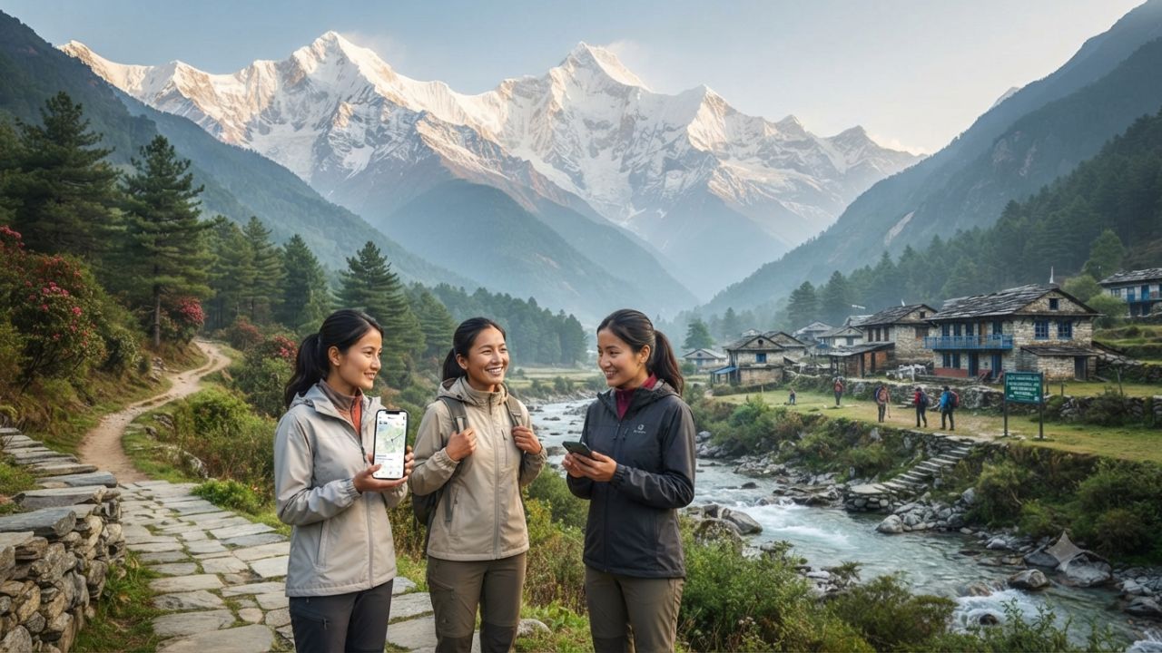 Trekker in the Nepal Himalayas with mountain peaks and prayer flags representing sustainable eco-tourism