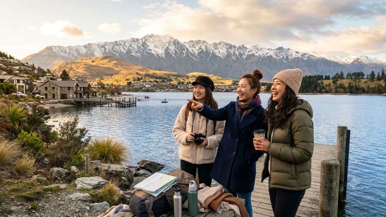 Scenic view of Queenstown and Lake Wakatipu surrounded by the majestic snow-capped peaks of the Remarkables mountain range in New Zealand