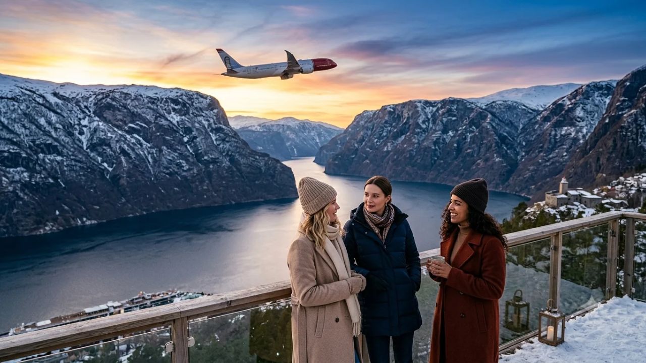 Modern commercial airliner flying over snow-dusted Scandinavian fjords connecting to Canadian urban skylines