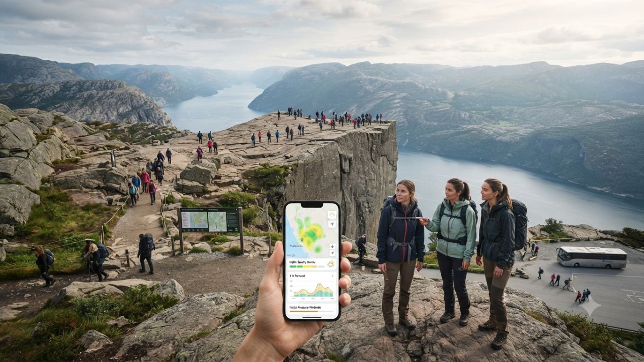 Panoramic view of Preikestolen Pulpit Rock over Lysefjord in Norway