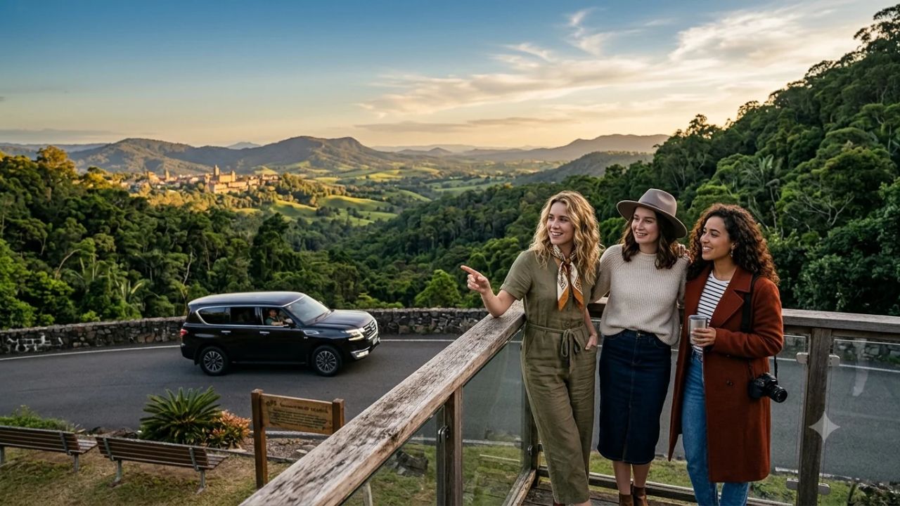 Scenic winding highway through lush subtropical rainforest and waterfalls in northern New South Wales connecting coastal beaches to the Great Dividing Range