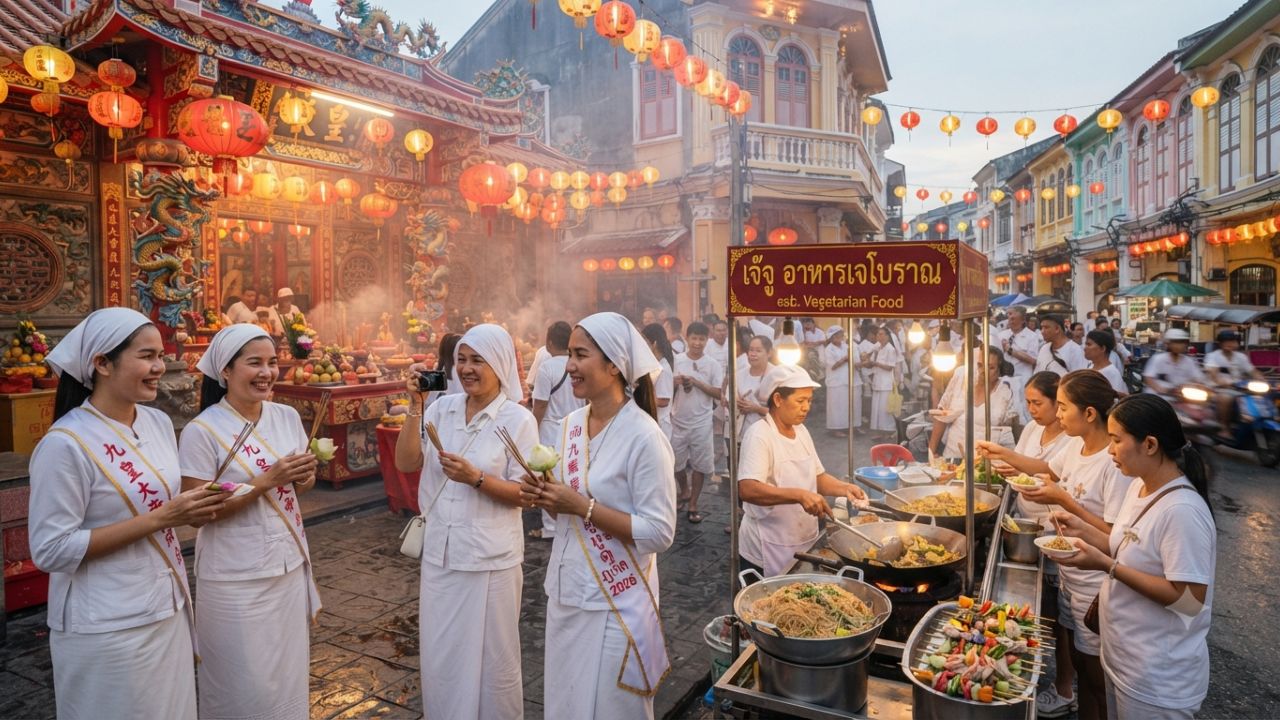 Traditional Chinese shrine procession with red lanterns during Phuket Vegetarian Festival