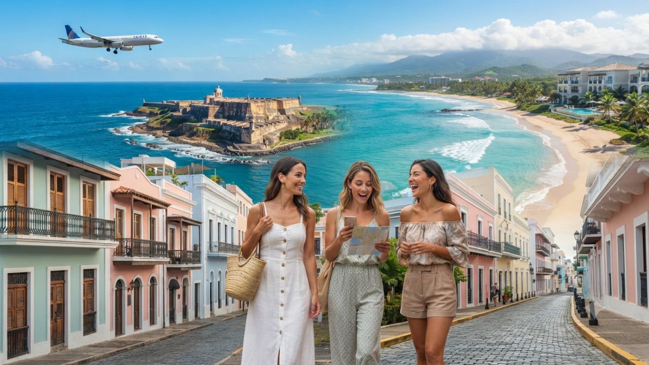 Aerial view of historic Old San Juan coastline and beachfront resorts in Puerto Rico