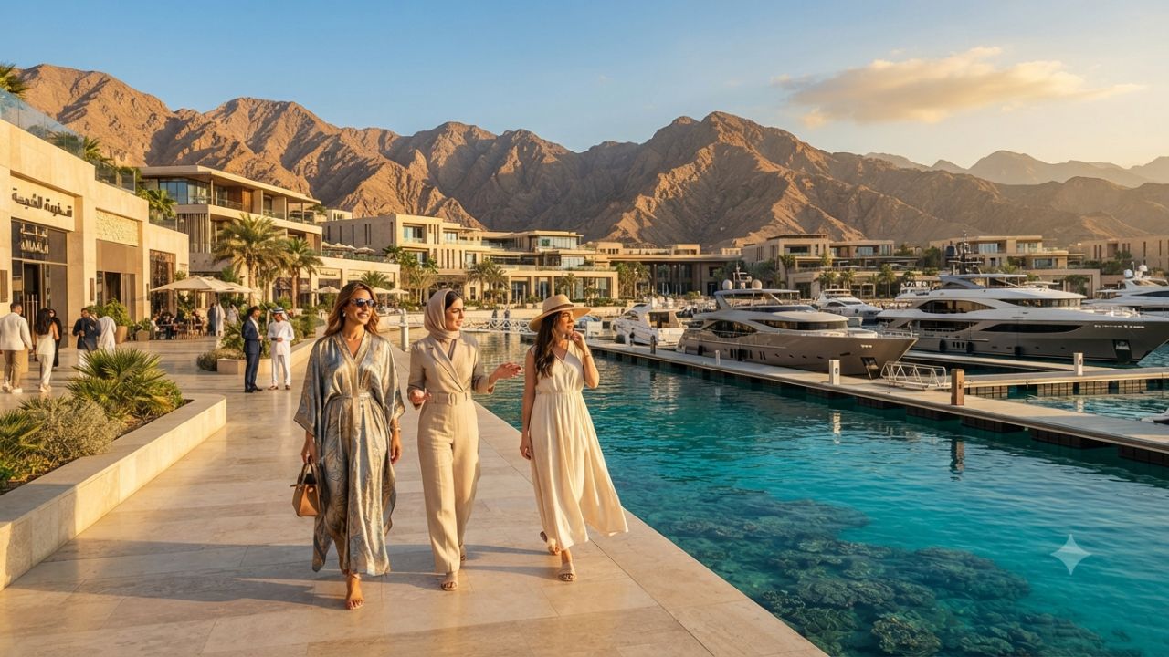 Luxury superyacht docked at modern Red Sea marina in Saudi Arabia