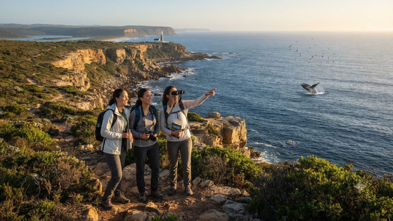 Panoramic coastal cliffs ocean views and lighthouse along South Africa's shoreline