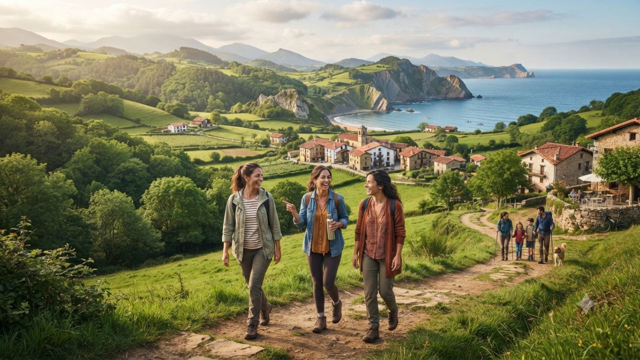 Family hiking in a mountain nature park and UNESCO geopark in northern Spain