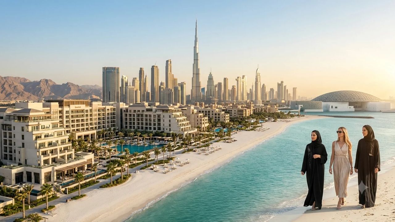 Panoramic sunset view over the ultra-luxury coastal skyline and beachfront resorts of the United Arab Emirates