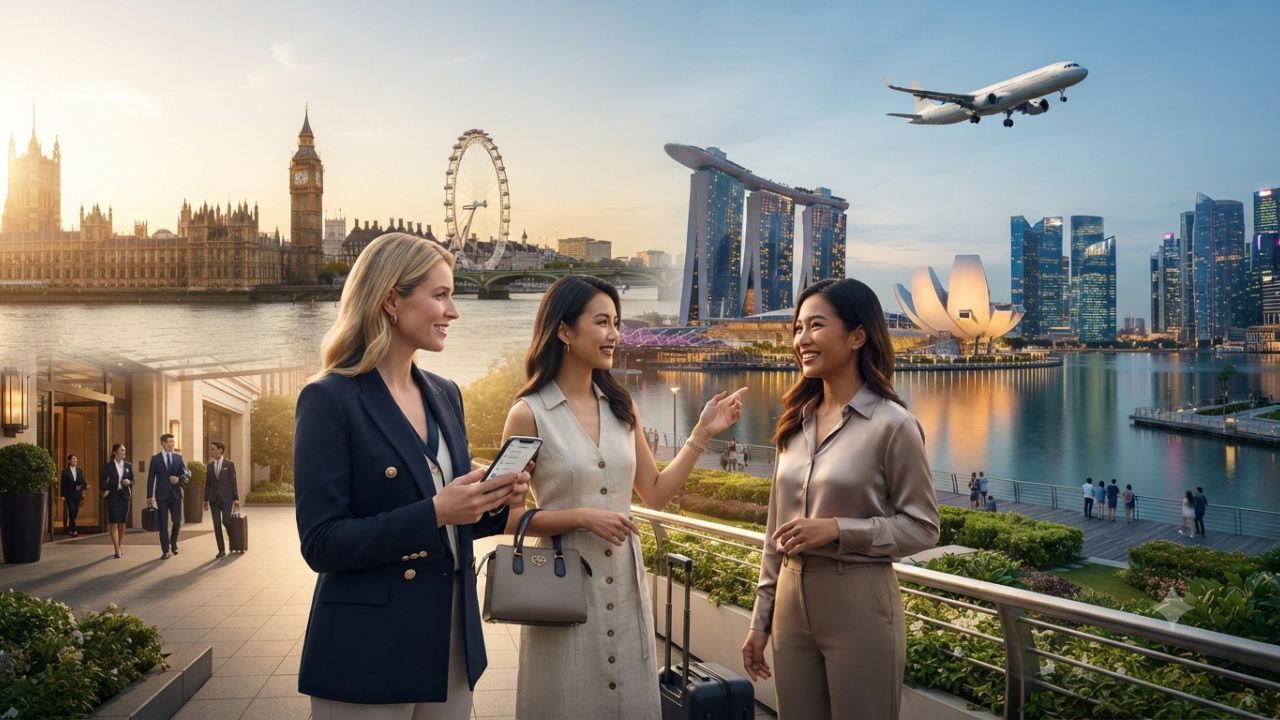 Singapore Marina Bay Sands and London Big Ben skyline representing UK-Singapore bilateral tourism ties